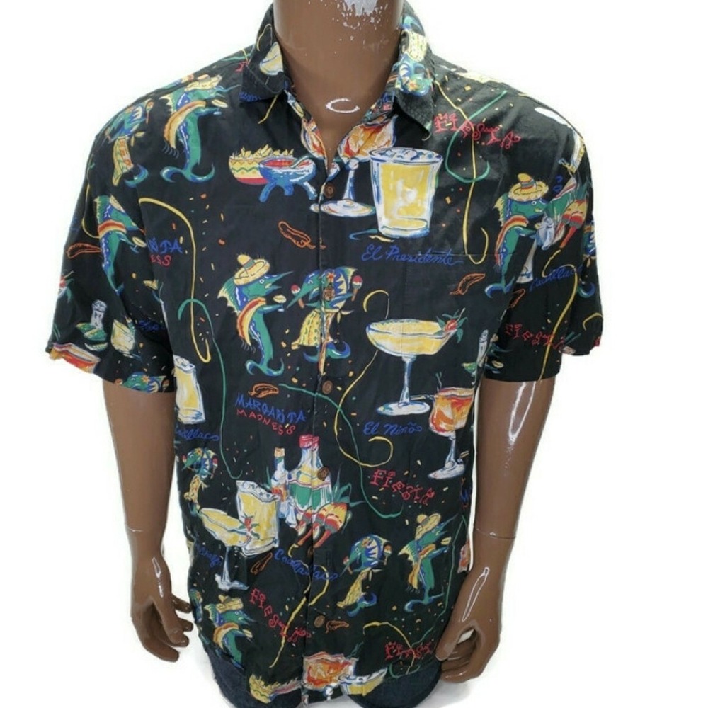 AFTCO Bluewater Margarita Madness Fishing Shirt Mens Large Black Tropical Fiesta